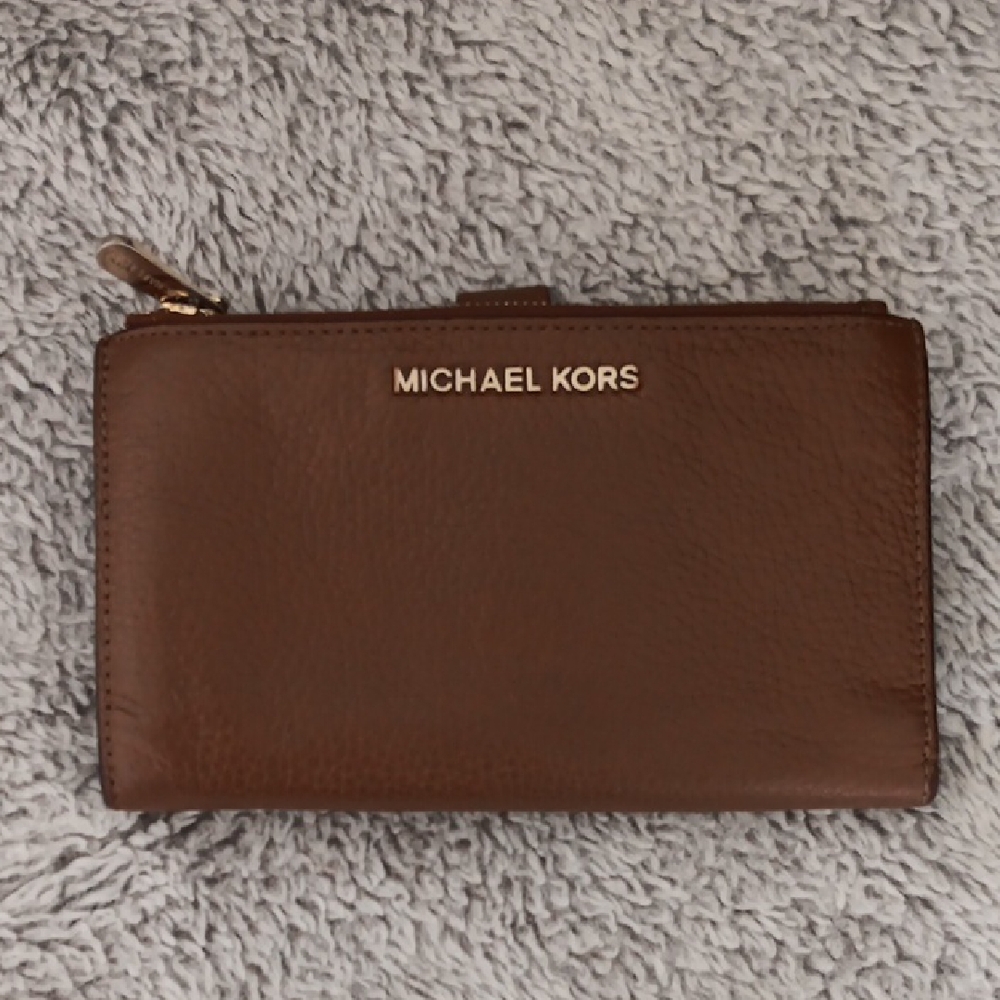 Michael Kors Brown Leather Zip Wallet with Gold Logo